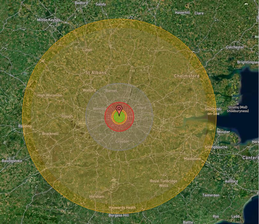 London suburbs would be flattened and people as far away as Reading and Southend would suffer third degree burns