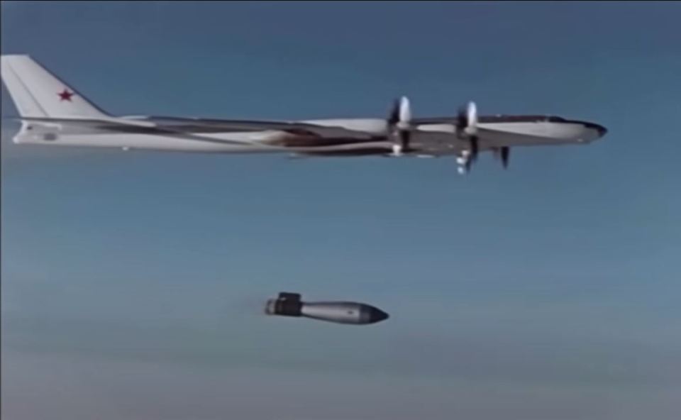 Declassified footage shows a Tu-95 dropping the 27-ton Tsar Bomba in 1961