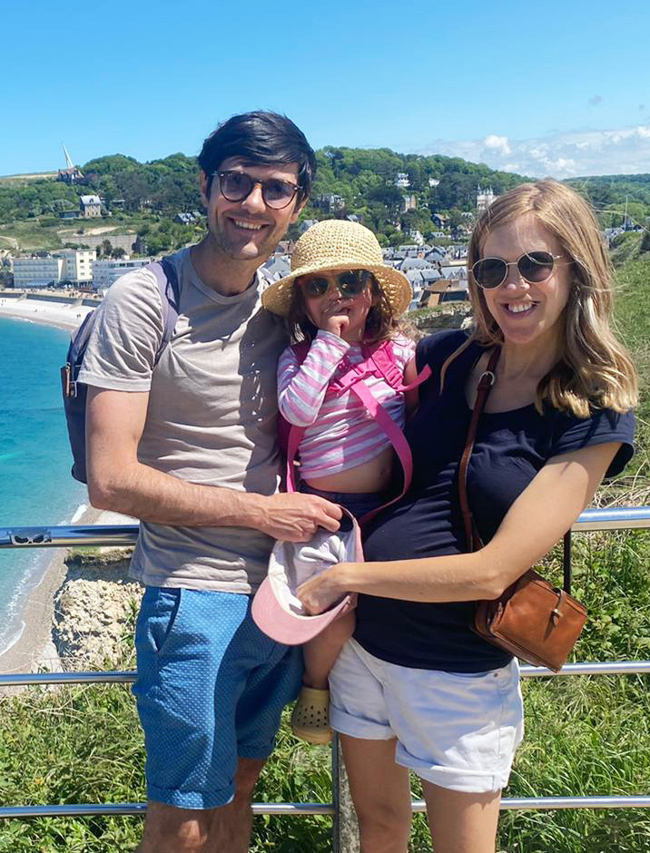 Emma Ledger with her partner and daughter in Normandy