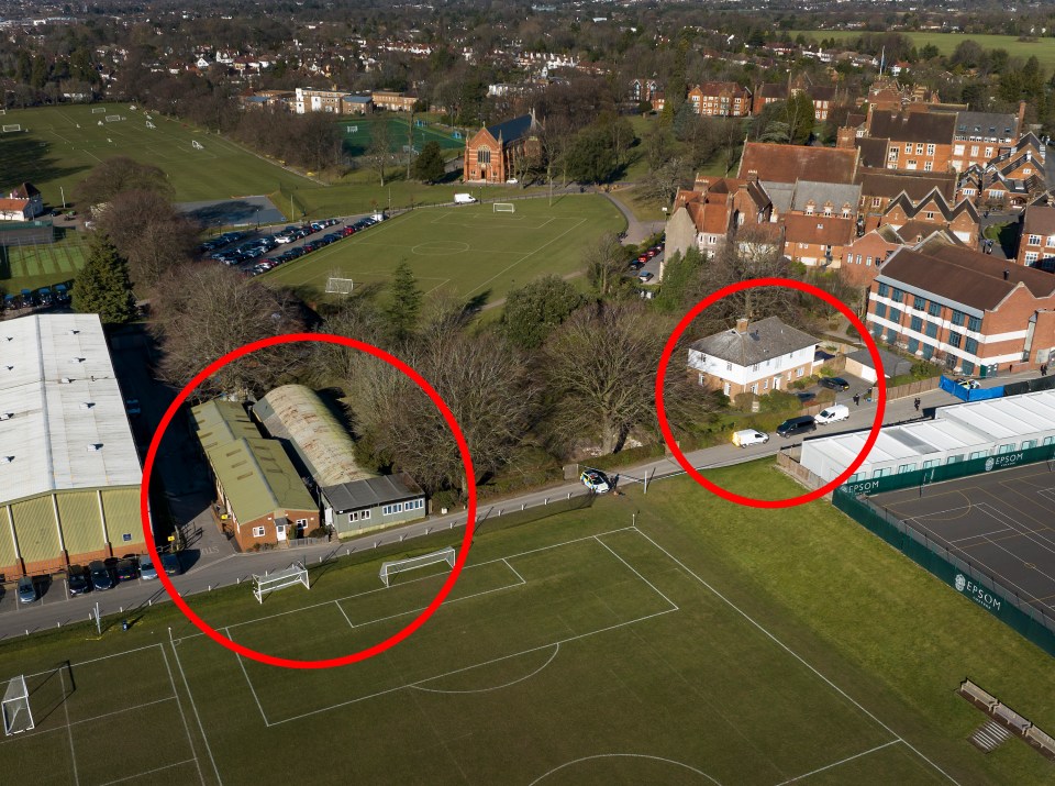 An aerial view of the rifle range (left) and the family home (right)