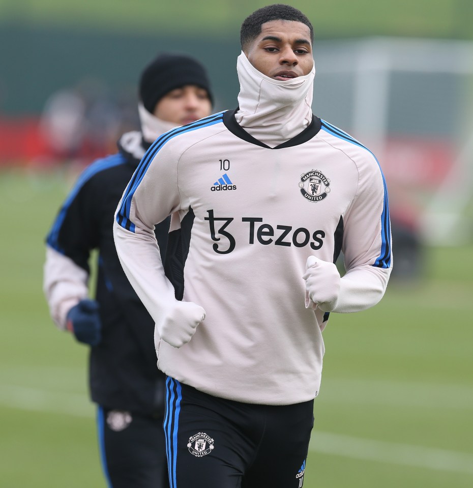 Marcus Rashford taking part in Manchester United training at the clubs Carrington base.