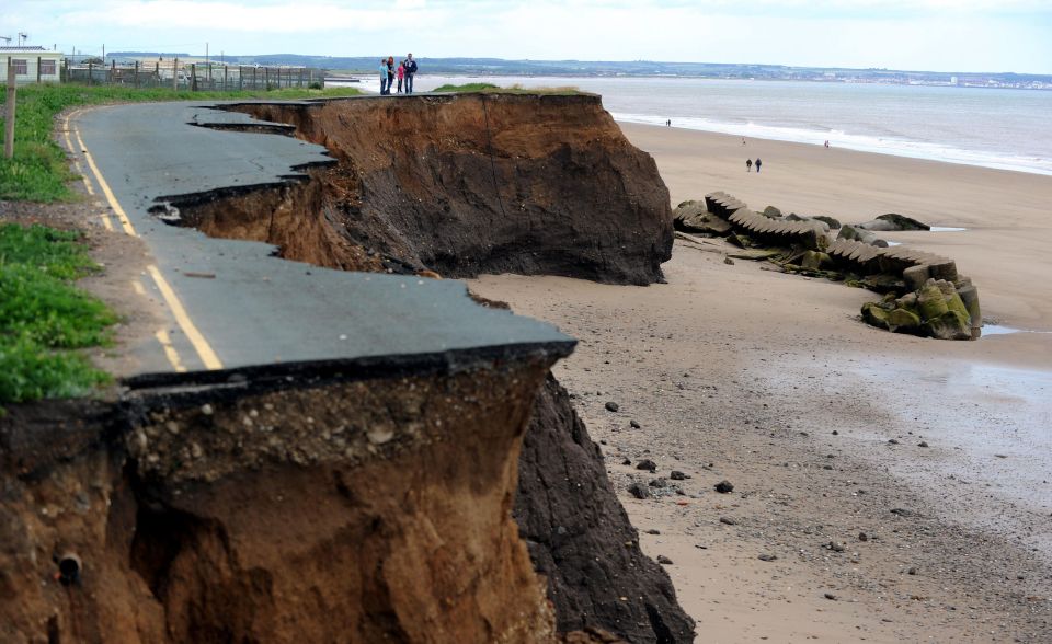 A cliff road almost completely washed away from coastal erosion