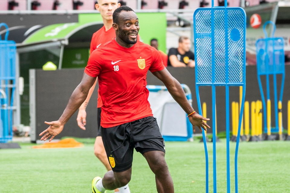 Michael Essien takes part in a training session at FC Nordsjaelland