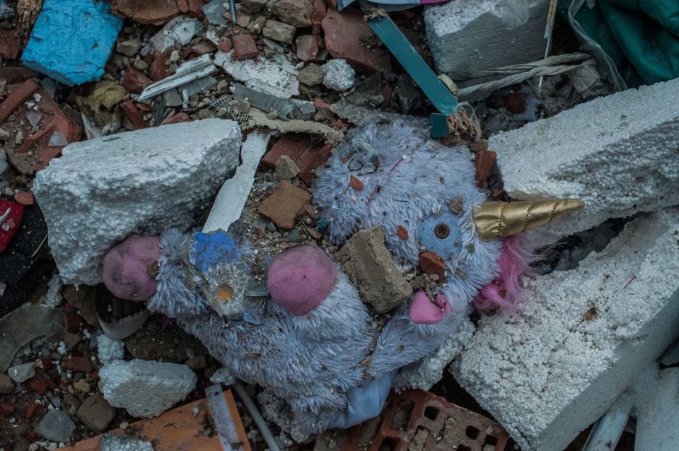 A stuffed animal in the rubble of an apartment block in Kyiv