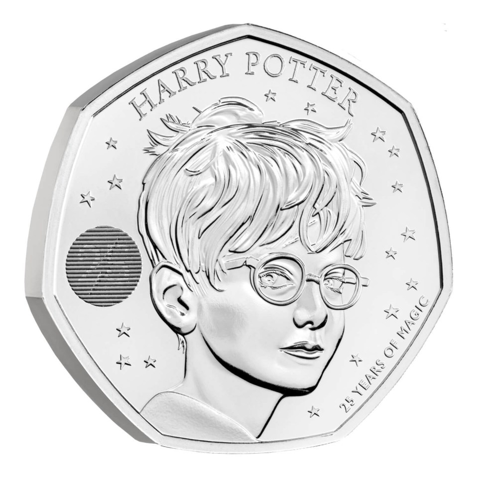 The first coin features the image of the famous orphan sporting his round glasses, floppy hair and lightning scar