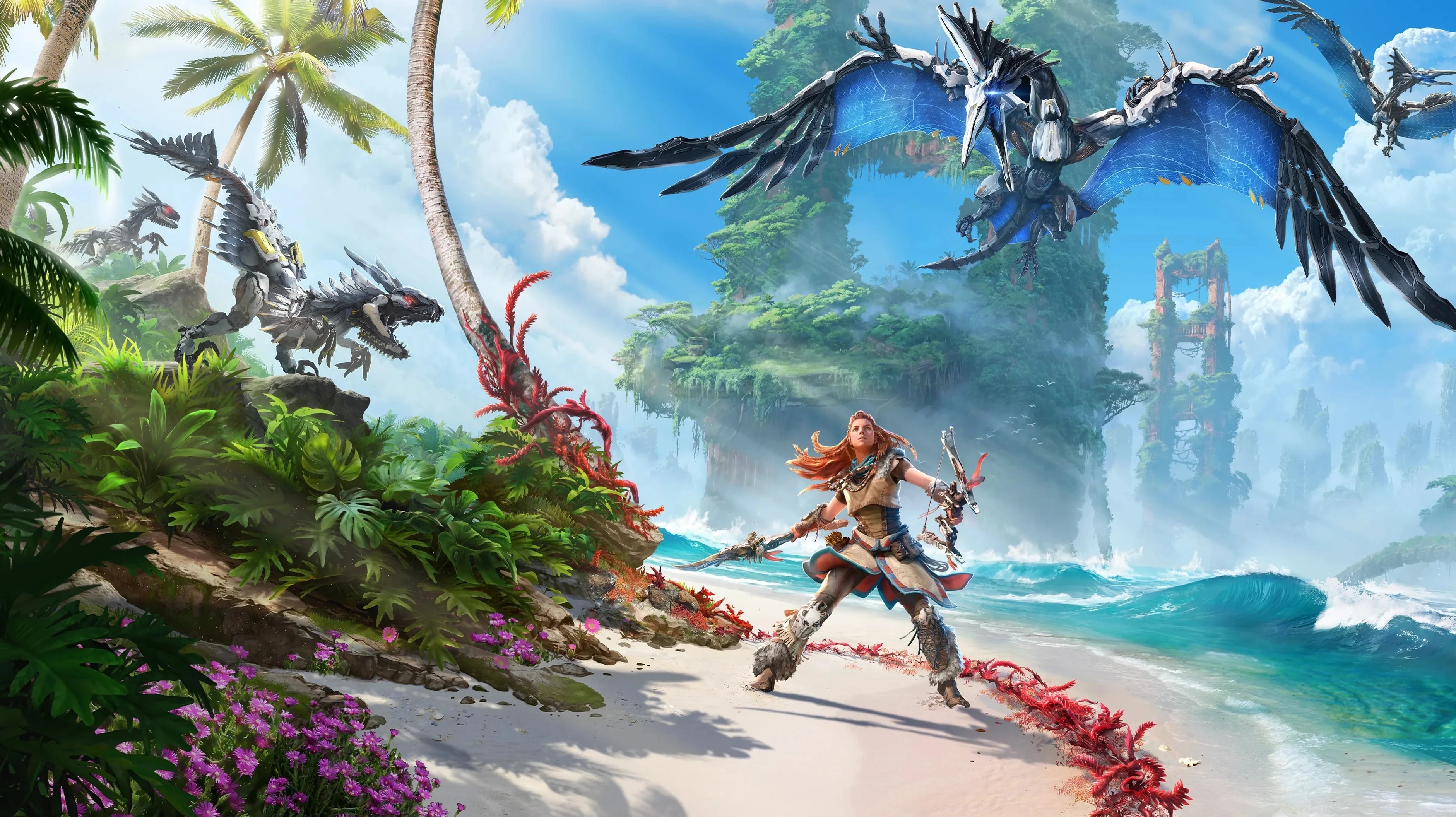 Key art for Horizon Forbidden West depicting Aloy on a beach with mechanical creatures.