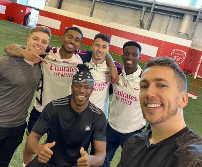 KSI hung out with Gabriel Martinelli, Eddie Nketiah and Reiss Nelson at Arsenal's training ground