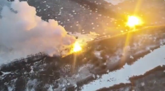 The moment a Russian thermobaric launcher is hit by Ukrainian forces in Vuhledar