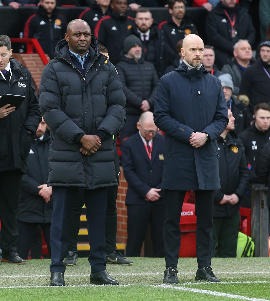 Palace boss Patrick Vieira and Man Utd counterpart Erik ten Hag take part in a minute’s silence on the anniversary of the Munich Air Disaster