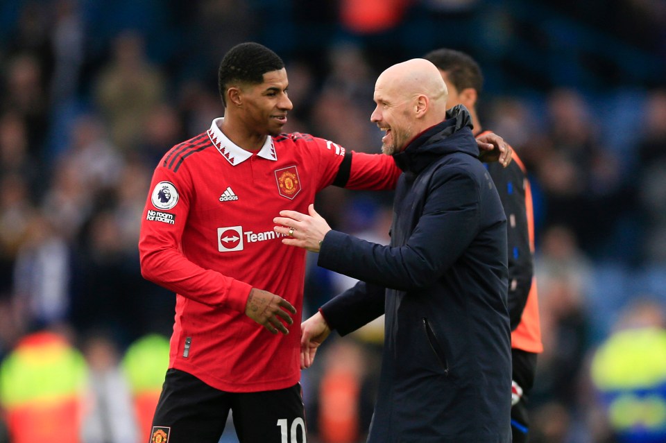 Erik ten Hag celebrates victory with Marcus Rashford after Manchester United's recent win against Leeds.