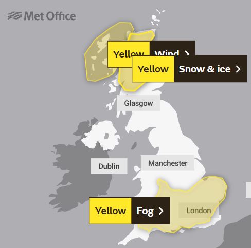 The Met Office have issued a number of yellow weather warnings for snow, ice, wind and fog