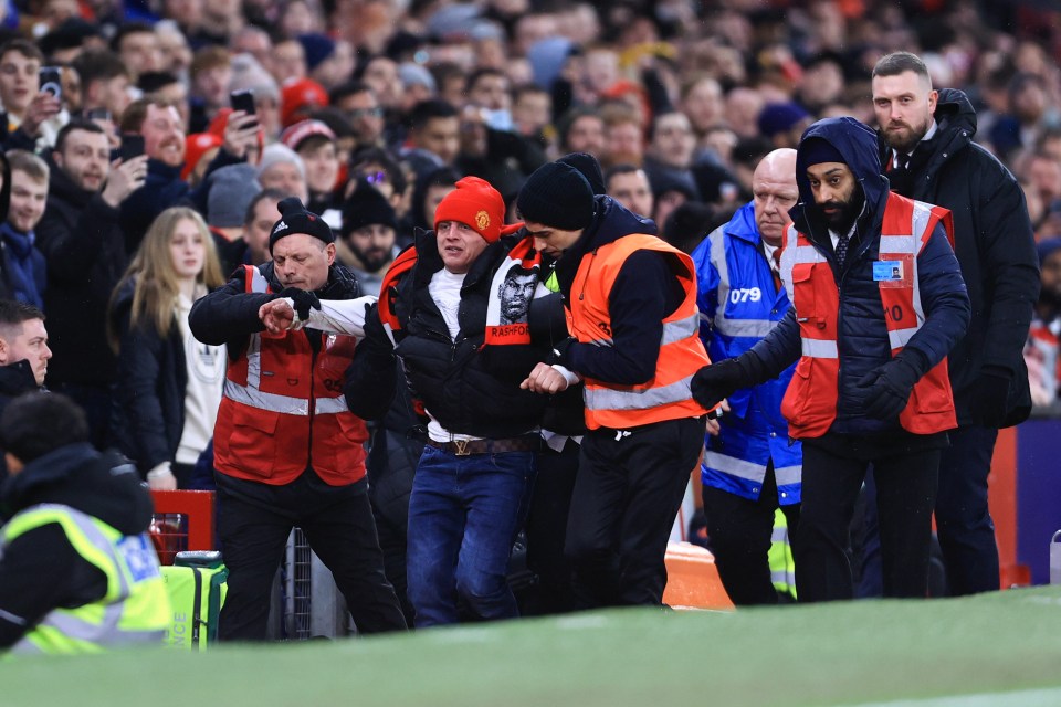 The male supporter was dragged away by stewards after hitting the deck