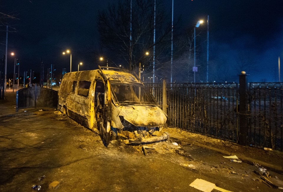 A police van was torched during the disorder