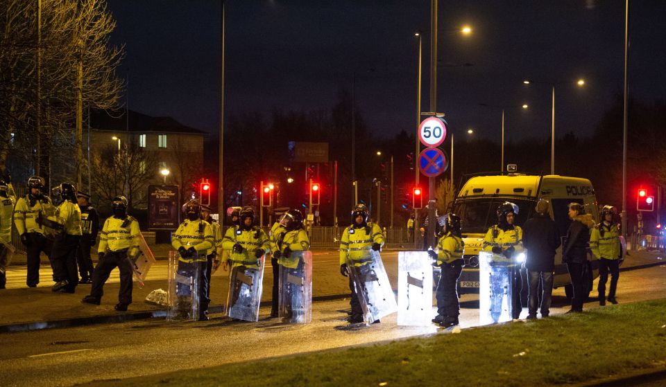 A demonstration outside the Suites Hotel in Knowsley, Merseyside, turned violent