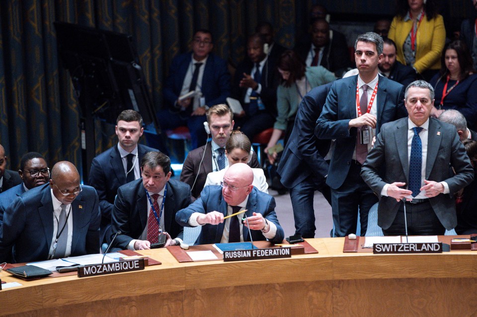 Russia's UN representative Vasily Nebenzya started tapping his mic