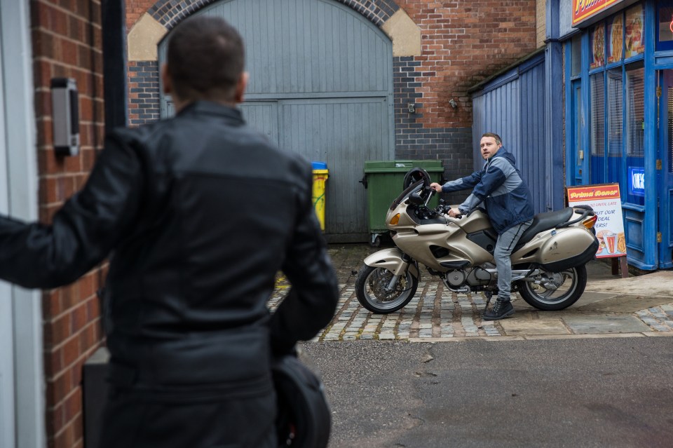 He takes Peter Barlow's motorbike for a spin