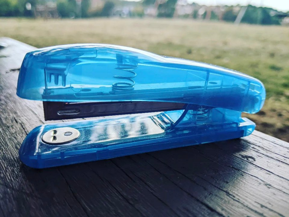 Sharon swapped the button for this translucent stapler