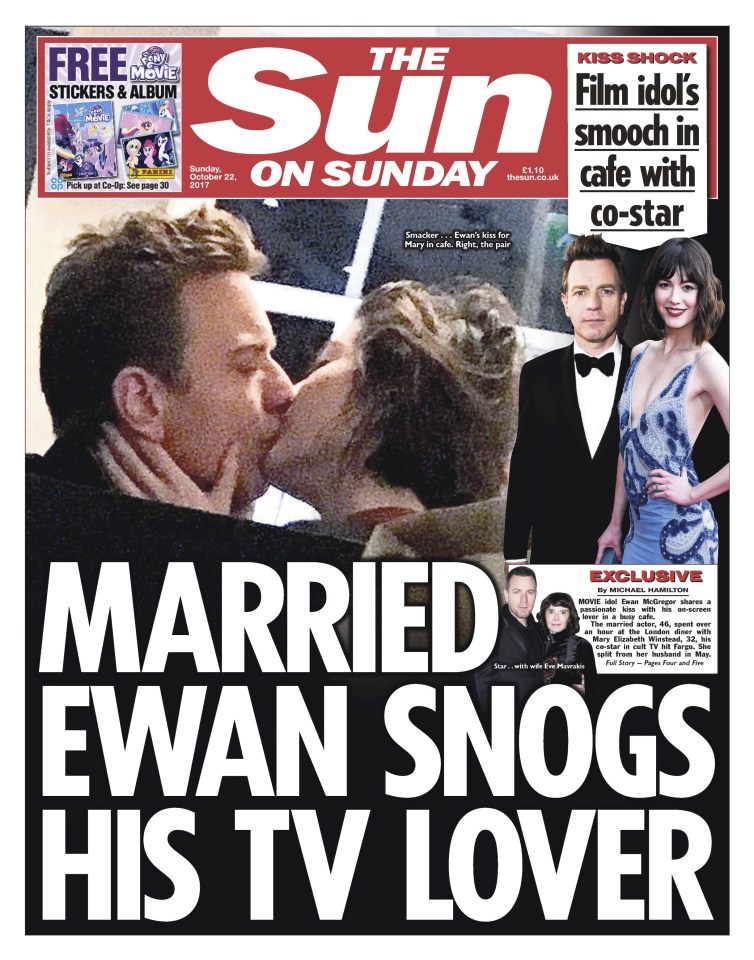 The Sun’s front page reported on Ewan and Mary Elizabeth’s snog