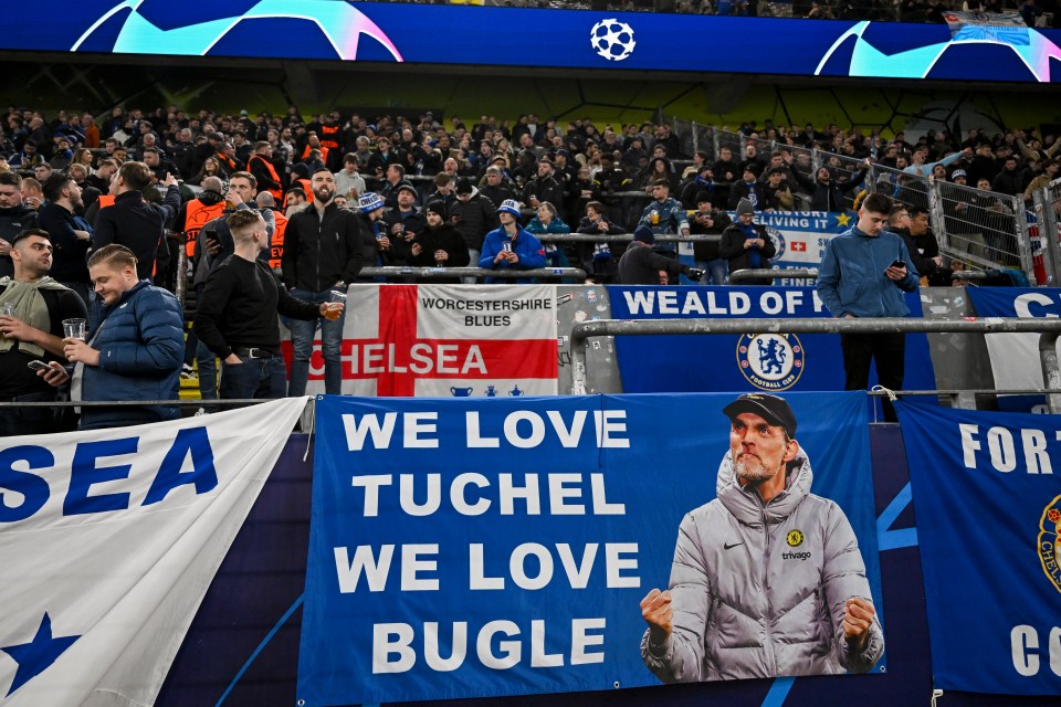 Chelsea supporters behind a flag of ex-manager Thomas Tuchel