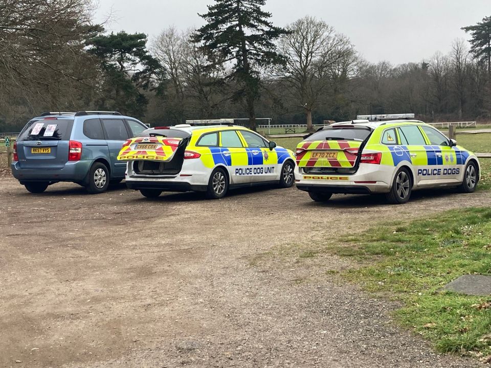 Dog unit vehicles at Slindon Cricket Club in Arundel scouring the area for Laurel