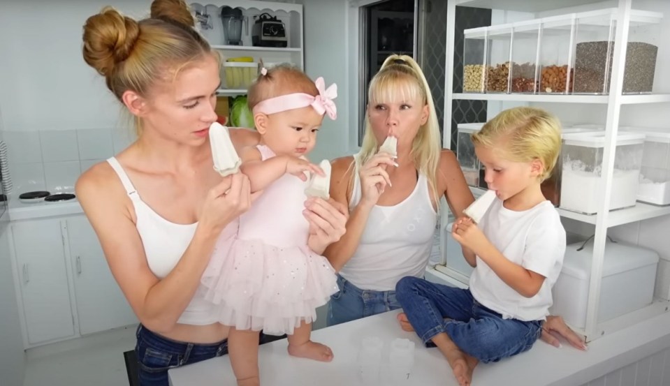 The mother and daughter duo make ice lollies out of their breast milk, which they enjoy with their tots ten-month-old Sacagawea, left, and five-year-old Omega, right