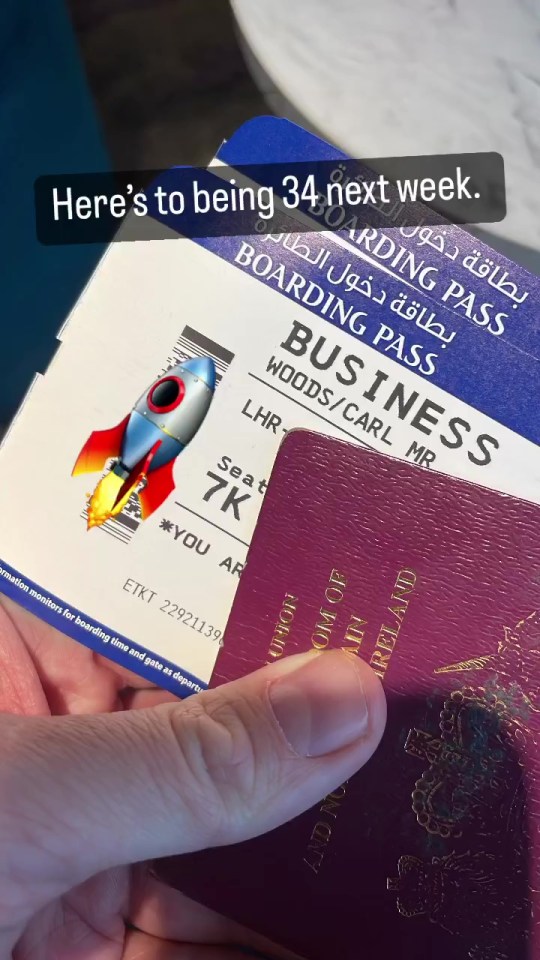 Her fiance Carl posted a snap of their business class tickets