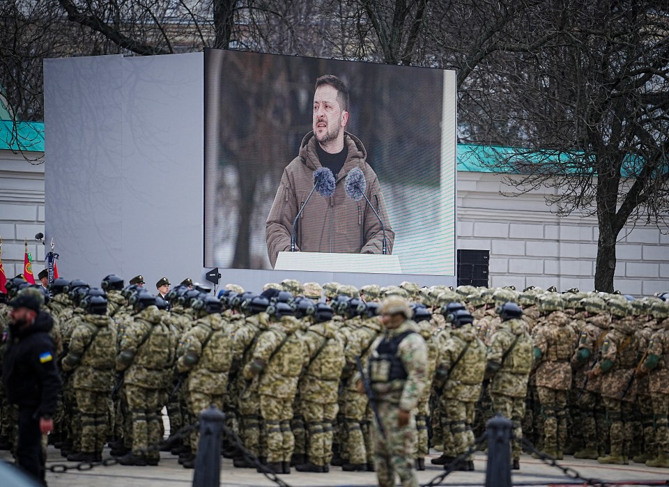 Zelensky addresses soldiers in front of St Sophia Cathedral in the capital