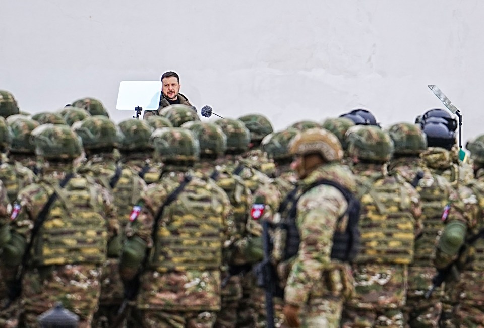 Zelensky addresses soldiers in front of St Sophia Cathedral in the capital