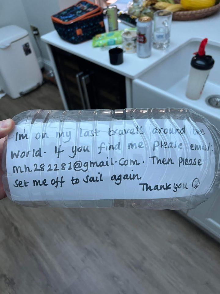 The limb had a plastic bottle attached containing a message asking the person who found it to 'set me off to sail again' and an email address