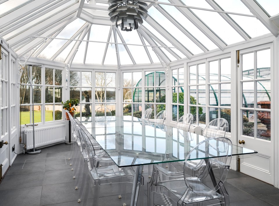 Standout features include a glass conservatory with stunning views of the River Thames and a glass meditation pyramid in the garden