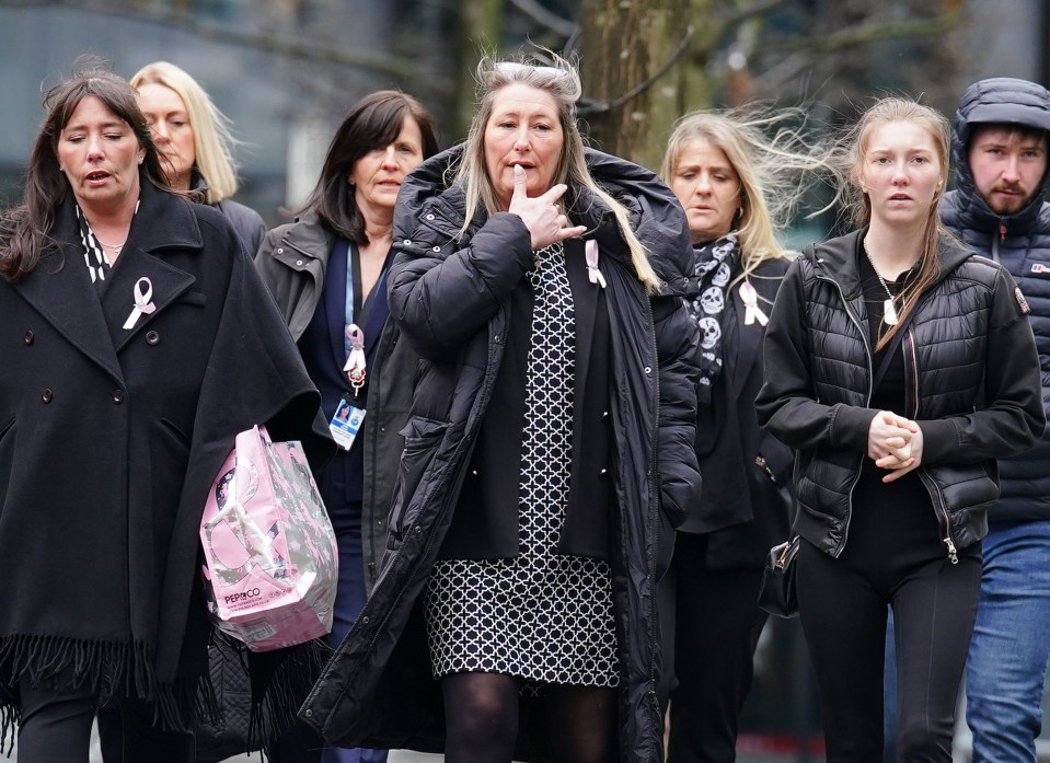 Olivia’s mum Cheryl (centre) with other family members arriving at court on March 7