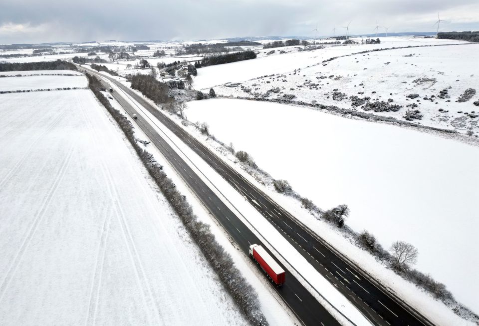 Snow blankets the A1 in Northumberland