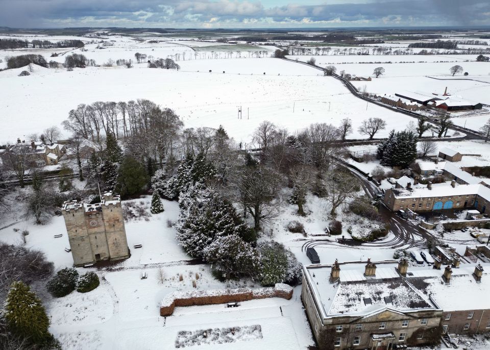 A snow covered Preston Tower in Northumberland