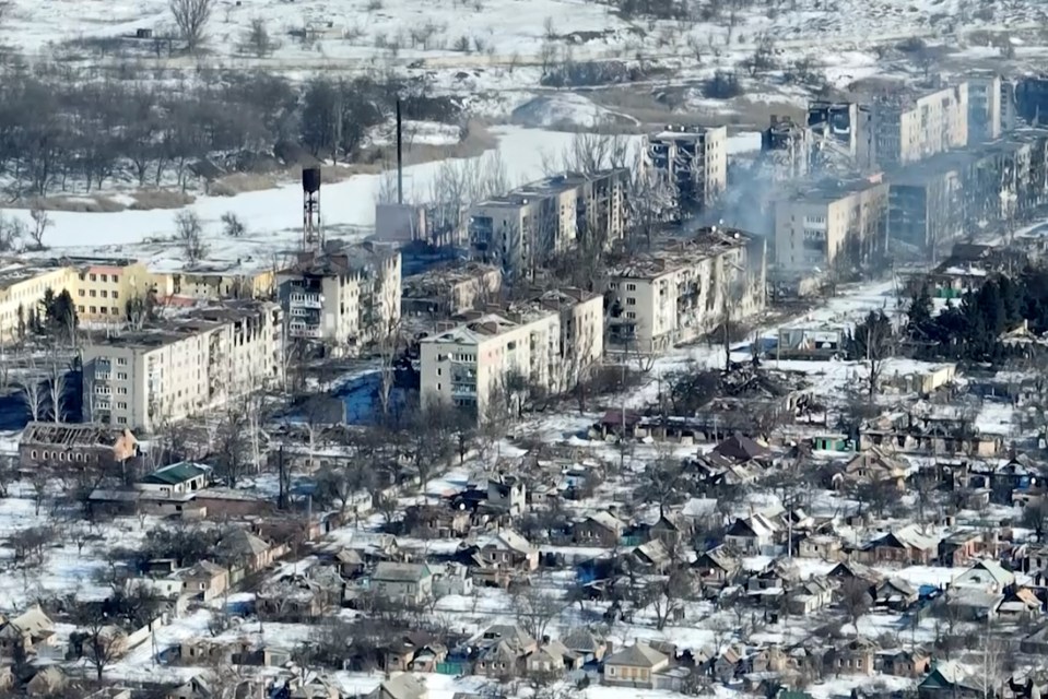 Footage of Bakhmut shot from the air with a drone showing the devastation