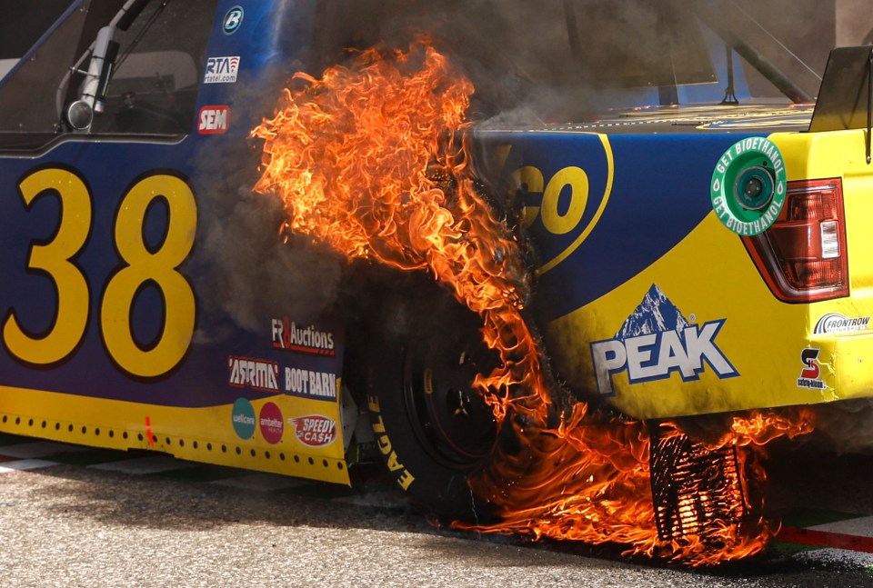 The mudflaps burst into red-hot flames