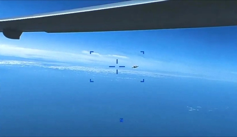 The Russian jet can be seen zooming towards the drone over the Black Sea