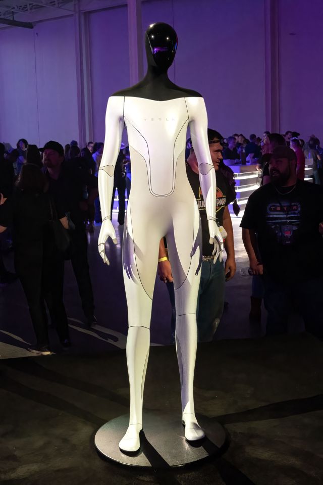 Tesla Bot on display at the Tesla Giga Texas manufacturing facility during the Cyber Rodeo grand opening party in Austin, Texas, on April 7, 2022