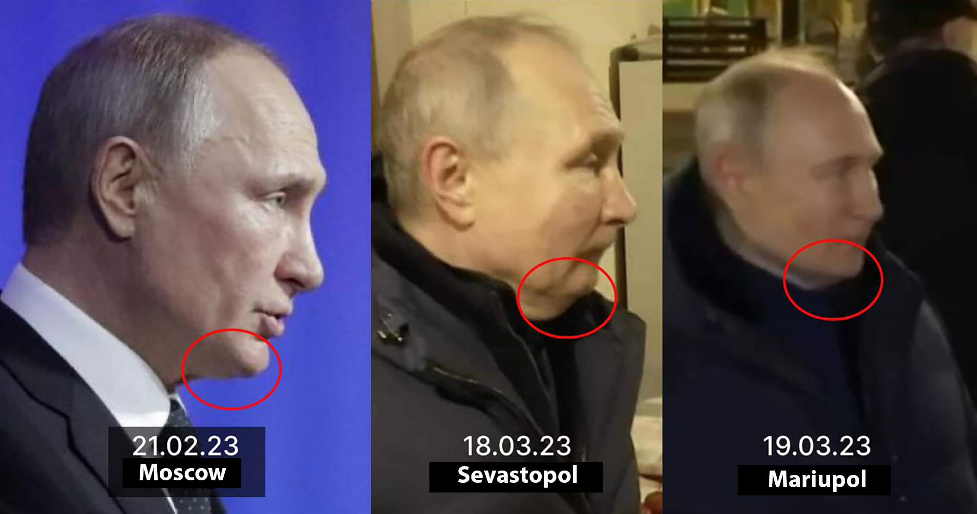 The different chins of Putin which sparked further rumours of him using lookalikes