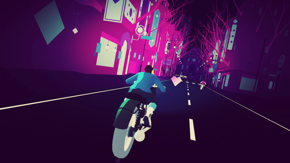 Illustration of a person riding a motorcycle down a stylized city street at night.