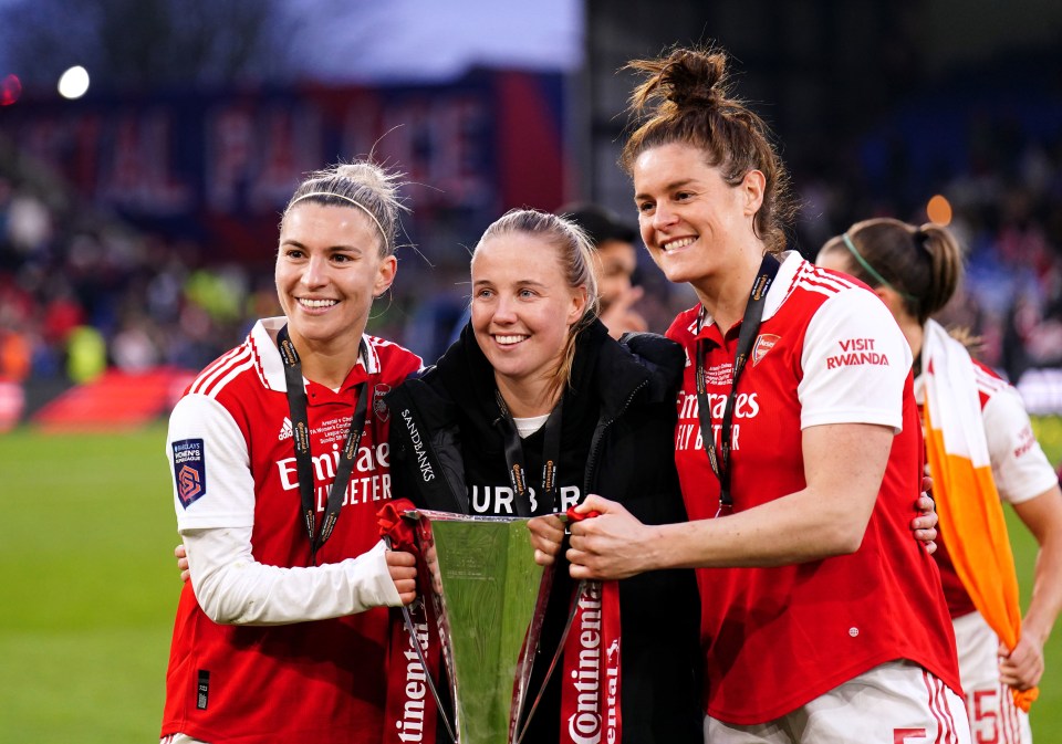 Arsenal’s Steph Catley, Beth Mead and Jen Beattie pose with the Continental Tyres League Cup trophy