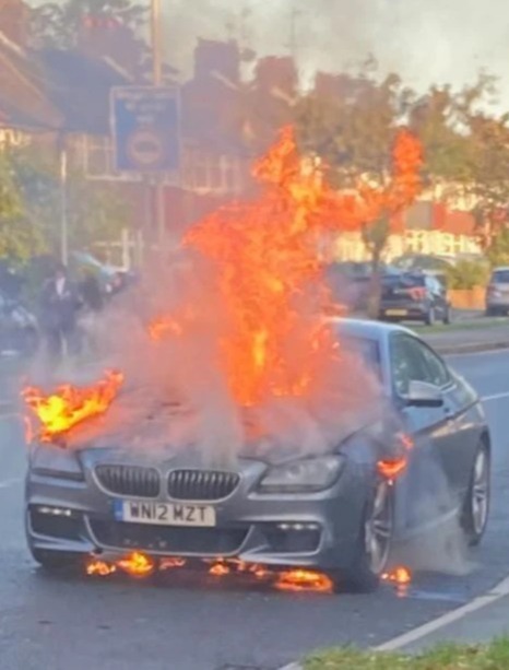 A woman was left in shock after her sporty BMW 640d coupe burst into flames