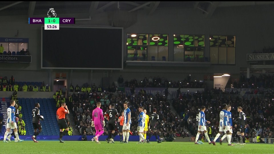 Darkness descended on the Amex Stadium due to floodlight failure