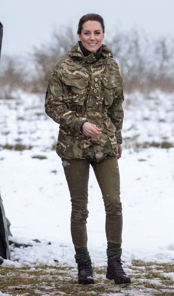 On the snowy Salisbury Plain, The Princess of Wales sported Army fatigues as she trained with the 1st Battalion Irish Guards