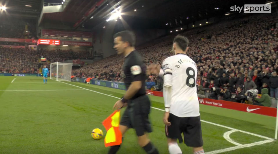 Bruno Fernandes appeared to push the assistant referee at Anfield earlier this month