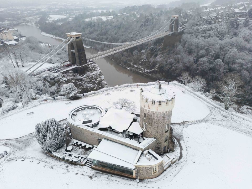 A snow-covered Clifton Suspension Bridge in Bristol