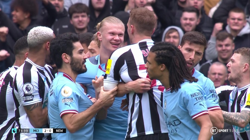 The Man City striker had a smile on his face while facing with Burn