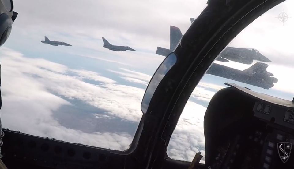 The view of the formation taken from the cockpit of one of the bombers