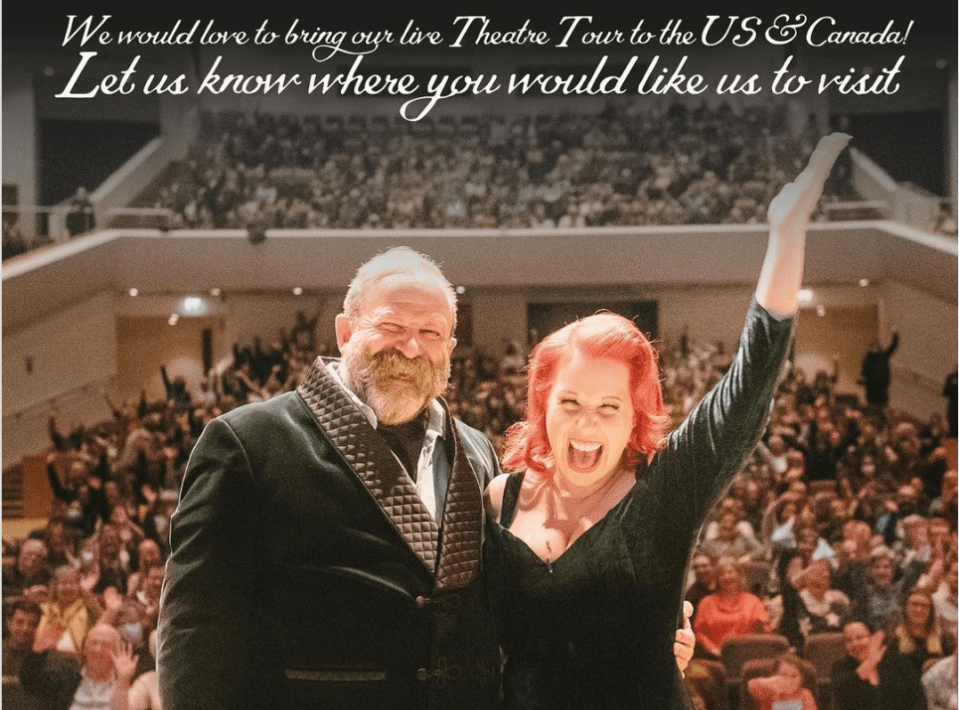 The stars shared a photo of themselves smiling at the camera while standing on stage in a theatre, with the audience visible behind them as they asked a question