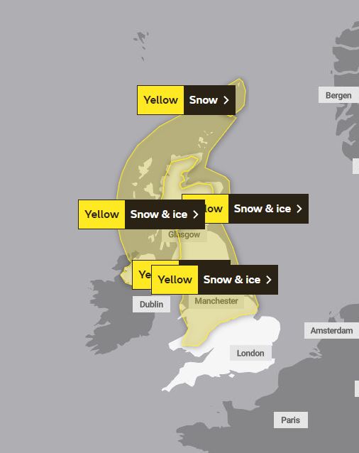 The Met Office have issued five yellow weather warnings for snow and ice