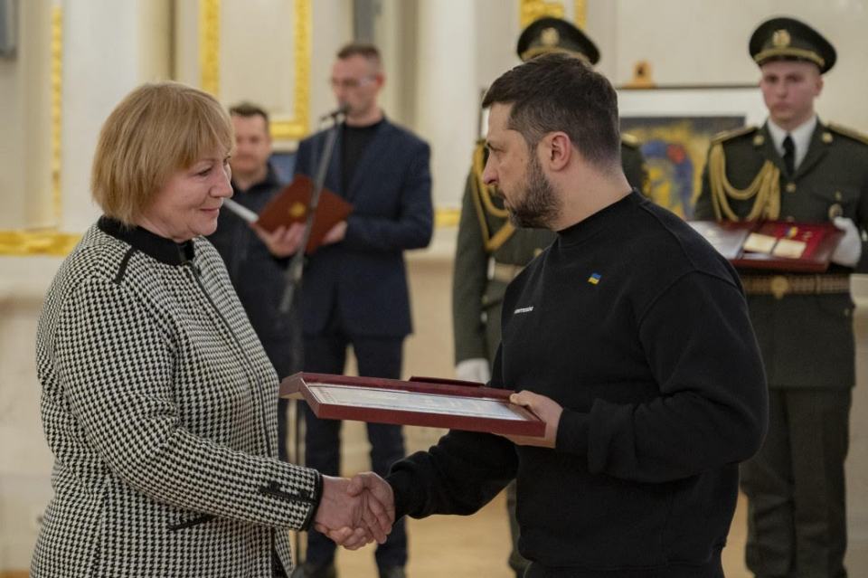 His mum Paraska Demchuck pictured receiving her son's Hero of Ukraine medal from President Zelensky